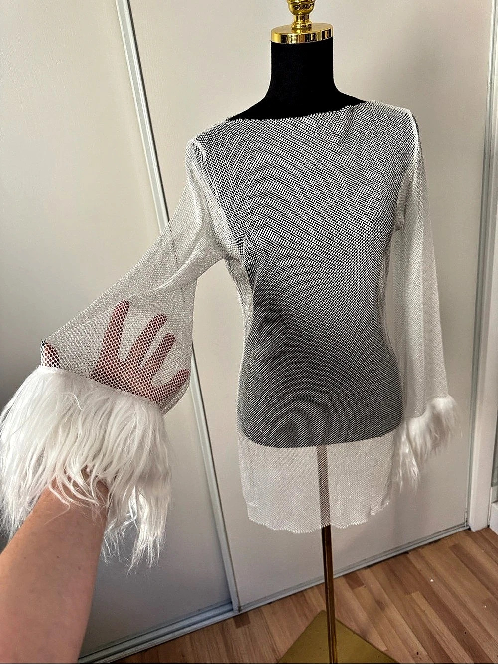 Sheer Fuzzy Cuff Long Sleeve Top in White Sparkly Fishnet